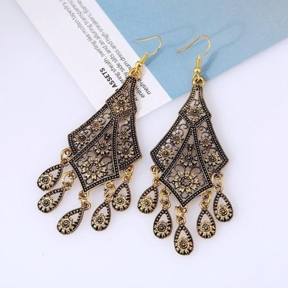 Bohemian Carved Flower Long Dangle Earrings - Picture 2 of 5